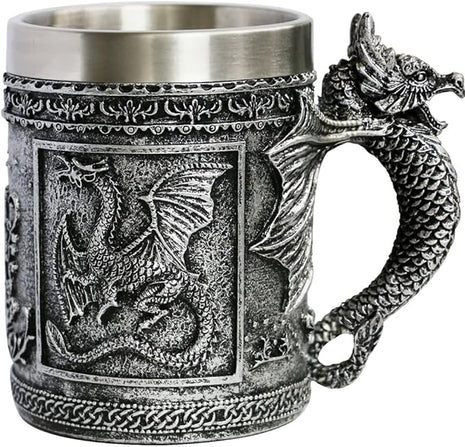 Medieval Roaring Dragon Coffee Mug - Dungeons and Dragons Beer Stein Tankard Drink Cup - 15.8oz Stainless Mug for GOT Dragon Lovers Collector Ideal Novelty Gothic Father Day Gift Party Decoration