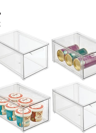 mDesign Plastic Pantry Organization and Storage Bin w/Pull Out Drawer - Stackable Kitchen Supplies Storage Container for Organizing Cabinet, Fridge, Freezer - Lumiere Collection - 4 Pack, Clear