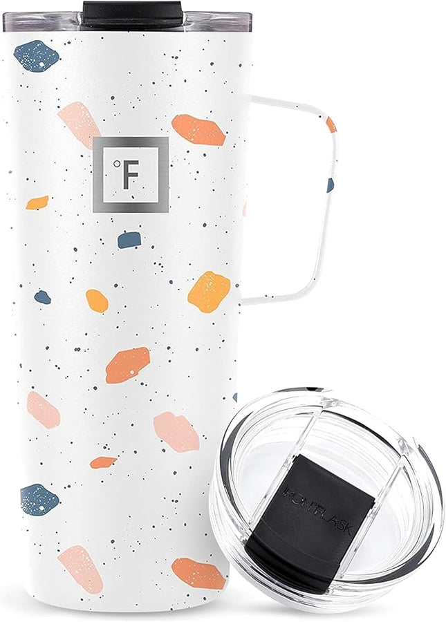 IRON °FLASK Grip Novelty Coffee Mug - Leak Proof, Vacuum Insulated Stainless Steel Bottle, Double Walled, Thermo Travel, Hot Cold, Water Metal Canteen - Terrazzo, 24 Oz - Classic Bottom