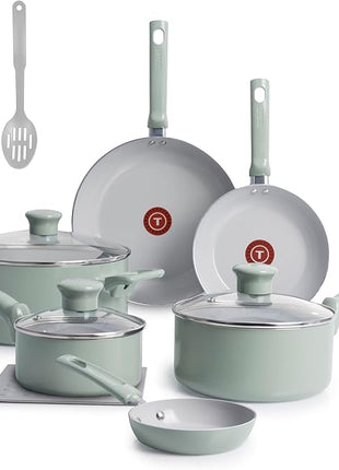T-Fal Refresh Ceramic Nonstick Cookware Set, Oven Safe Up to 350ºF, 12-Piece, Includes Stockpot, Griddle, Frying Pans, Utensils, Ceramic Pots and Pans Set, Mint Green
