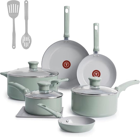 T-Fal Refresh Ceramic Nonstick Cookware Set, Oven Safe Up to 350ºF, 12-Piece, Includes Stockpot, Griddle, Frying Pans, Utensils, Ceramic Pots and Pans Set, Mint Green