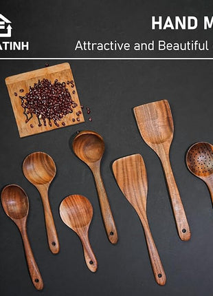 FJNATINH 7-Piece Nonstick Wooden Cooking Utensils Set, Natural and Healthy Kitchen Utensils（7 Pcs）