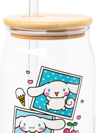 Silver Buffalo Sanrio Hello Kitty and Friends Cinnamoroll Polaroids Glass Jar Tumbler with Bamboo Lid and Glass Straw, 16 Ounces