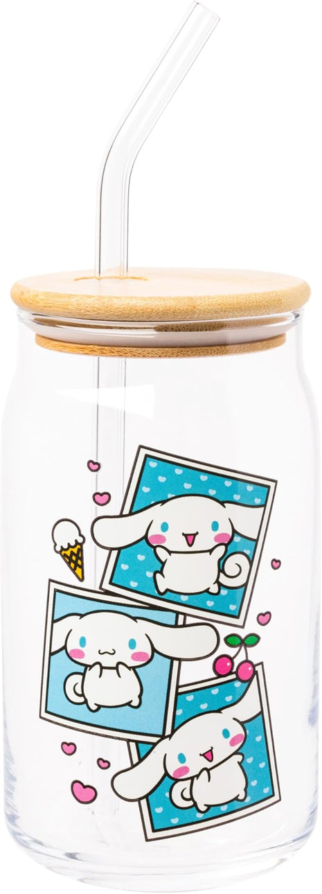 Silver Buffalo Sanrio Hello Kitty and Friends Cinnamoroll Polaroids Glass Jar Tumbler with Bamboo Lid and Glass Straw, 16 Ounces (Pack of 12)