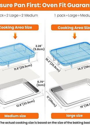 Air Fryer Basket for Oven, 2 Set Stainless Steel Pan & Crisper Tray (15"x11" &12.8"x9.7") with 60 Parchment Papers, Family-Size Non-Stick Oven Basket for Baking Chicken, Fries, Dishwasher Safe