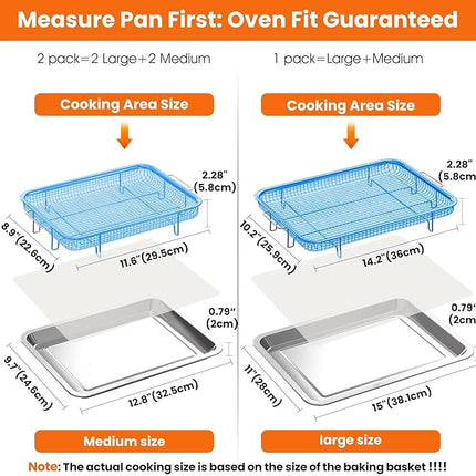 Air Fryer Basket for Oven, 2 Set Stainless Steel Pan & Crisper Tray (15"x11" &12.8"x9.7") with 60 Parchment Papers, Family-Size Non-Stick Oven Basket for Baking Chicken, Fries, Dishwasher Safe