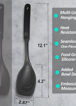 Large Silicone Cooking Spoon, Non-Stick Solid Spoon set with Deep Bolw and Measurement Mark for Mixing, Serving, Draining, Scooping, Scraping, Heat Resistant Kitchen Utensils, Black