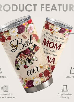 SANDJEST Best Nana Ever Tumbler Gift for Grandmas from Grandkids - 20oz Floral Insulated Stainless Steel Travel Mug Granny Christmas, Birthday, Mother's Day Gifts for Nana, Gigi from Grandchildren