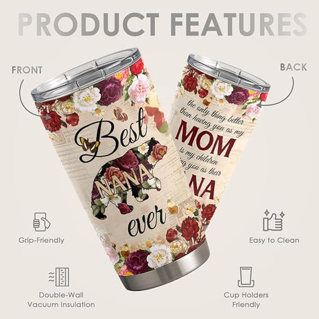 SANDJEST Best Nana Ever Tumbler Gift for Grandmas from Grandkids - 20oz Floral Insulated Stainless Steel Travel Mug Granny Christmas, Birthday, Mother's Day Gifts for Nana, Gigi from Grandchildren