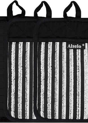 Silicone Pot Holders Set of 3 Heat Resistant & Non Slip Potholders, Professional Oven Hot Pads with Pockets Mitts for Kitchen Cooking Baking Barbecue (3, Black)