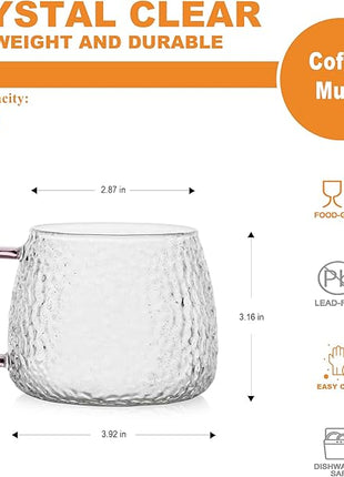 LUXU Hammered Tea Cups,Glass Coffee Mugs,Set of 6 Coffee Cups with Different Color Handles-15 oz,Prefect for Cappuccino,Latte,Water,Mocha,Milk,Widely Used for Cafes,Home and Office