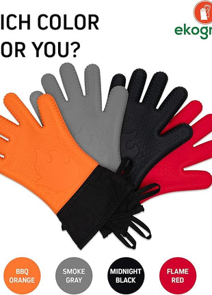 Ekogrips+ Premium Silicone Oven Mitts - Comfy, Waterproof, Heat Resistant BBQ Gloves for Grilling, Long Cuff for Added Protection, 5 Finger Dexterity, 3 Sizes, 4 Colors, S/M, Grey