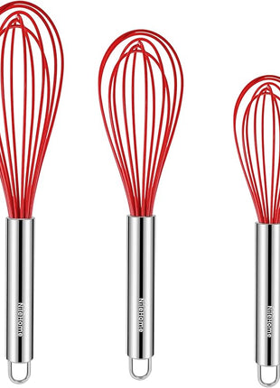 NileHome Whisk Commercial Stainless Steel wisk & Silicone Non-Stick Coated Small Whisk Set 8" 10" 12" Kitchen Wisk Wire Whisks for Cooking 3 Pack, Red
