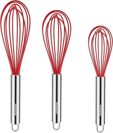 NileHome Whisk Commercial Stainless Steel wisk & Silicone Non-Stick Coated Small Whisk Set 8" 10" 12" Kitchen Wisk Wire Whisks for Cooking 3 Pack, Red