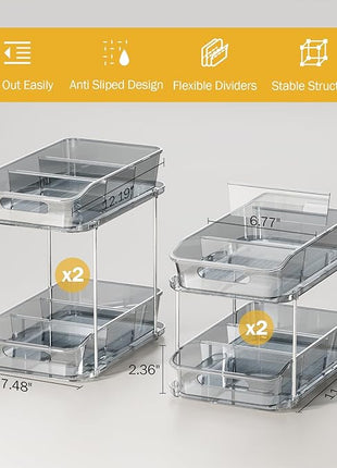 Delamu 2-Tier Under Sink Organizers and Storage, Multi-Purpose Stackable Bathroom Cabinet Organizers, Pull Out Kitchen Pantry Organization and Storage with Dividers(4 Pack, Grey)