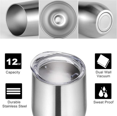 VEGOND Wine Tumblers Bulk 12 Pack, 12oz Stainless Steel Stemless Wine Glass with Lids and Straws, Double Wall Vacuum Insulated Tumbler Cup, Coffee Mug for Cold Hot Drinks