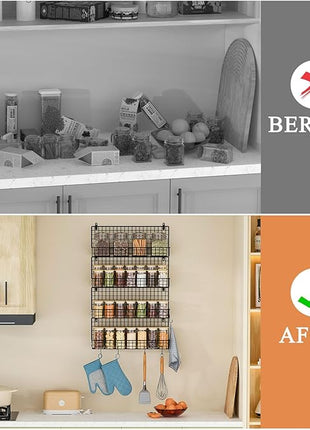 X-cosrack Upgraded Spice Rack Organizer - Wall Mounted Large 4-Tier Stackable Spice Storage with 5 Hooks, Holds 80 Jars, for Kitchen Pantry Organization (Patent:D909138S)