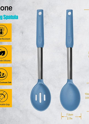 Pack of 2 Large Silicone Cooking Spoons,Non Stick Solid Basting Spoon,Heat-Resistant Kitchen Utensils for Mixing,Serving,Draining,Stirring (Starry Blue)
