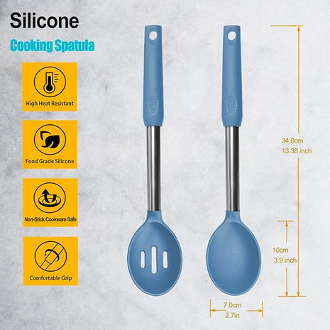 Pack of 2 Large Silicone Cooking Spoons,Non Stick Solid Basting Spoon,Heat-Resistant Kitchen Utensils for Mixing,Serving,Draining,Stirring (Starry Blue)