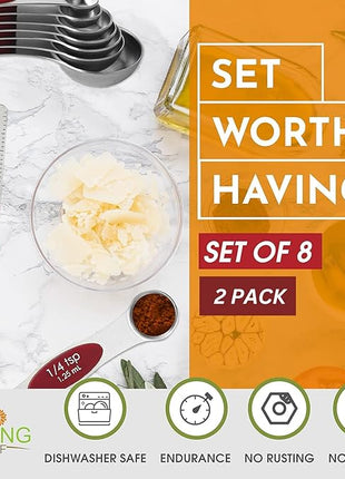 Spring Chef Red Stainless Steel Magnetic Measuring Spoons Set of 8 with Leveler, Metal Teaspoon & Tablespoon Measuring Spoons with Strong Magnets, Kitchen Gadgets for Baking & Cooking - Set of 2