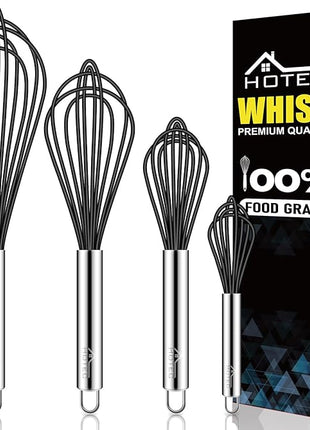 HOTEC 4 Pieces Silicone Whisks Set, Wire Balloon Whisks Egg Beater, Non-slip Handle Whisk for Non-stick Cookware Perfect for Cooking, Stirring, Beating and Blending (Black)