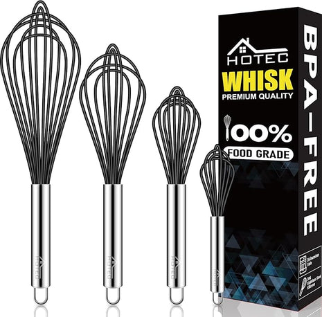 HOTEC 4 Pieces Silicone Whisks Set, Wire Balloon Whisks Egg Beater, Non-slip Handle Whisk for Non-stick Cookware Perfect for Cooking, Stirring, Beating and Blending (Black)