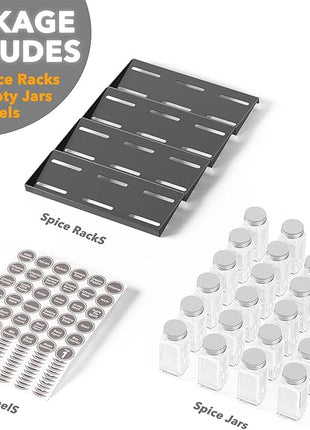 SpaceAid Spice Drawer Organizer with 24 Spice Jars, 386 Spice Labels, 4 Tier Seasoning Rack Tray Insert for Kitchen Drawers, 11.25" Wide x 17.5" Deep