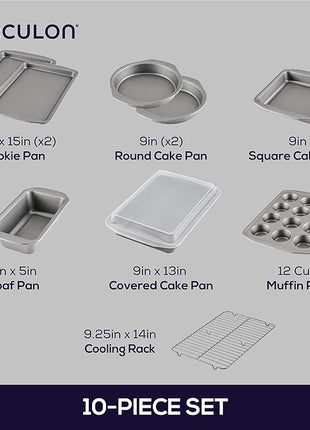 Circulon Nonstick Heavy Gauge Steel Bakeware Set with Rolled Pan Edges Loaf Pan, Cookie Pan, Baking Pans, Cake Pans, Muffin Pan and Cooling Rack (10-Piece, Gray)