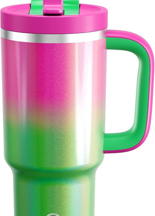 32 oz Tumbler with Handle and Straw: Stainless Steel Insulated Tumbler Keeps Cold for 24 Hours, Leakproof Travel Cup Fits in Cup Holder and BPA-Free, Fuchsia