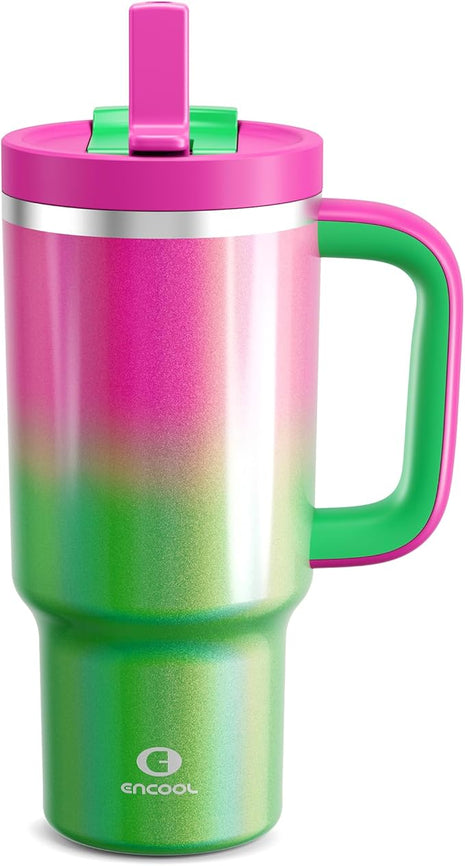 32 oz Tumbler with Handle and Straw: Stainless Steel Insulated Tumbler Keeps Cold for 24 Hours, Leakproof Travel Cup Fits in Cup Holder and BPA-Free, Fuchsia