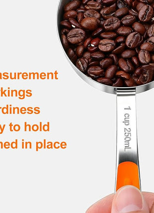 Measuring Cups and Spoons Set Stainless Steel 10 Piece for Cooking and Baking (5 Cups + 5 Spoons, Orange Handle)