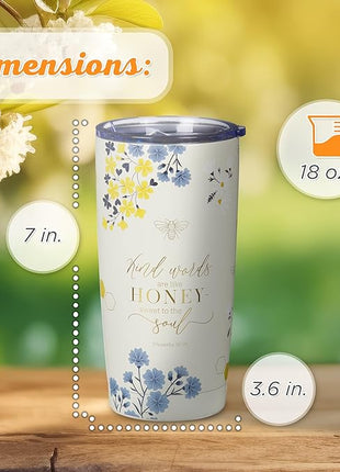 Christian Art Gifts Stainless Steel Scripture Tumbler Travel Mug for Women: Kind Words Bible Verse, Cute Bumble Bee, Double-wall Vacuum Insulated, Lid, Hot/Cold, Creamy White Multicolor Floral, 18oz.