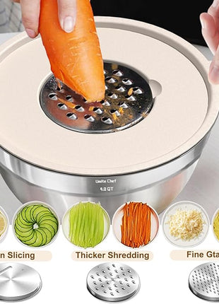 Umite Chef Mixing Bowls with Airtight Lids Set, 8PCS Stainless Steel Khaki Nesting Bowls with Grater Attachments, Kitchen Bowls with Non-Slip Bottoms, Size 5, 4, 3.5, 2, 1.5QT for Mixing & Serving
