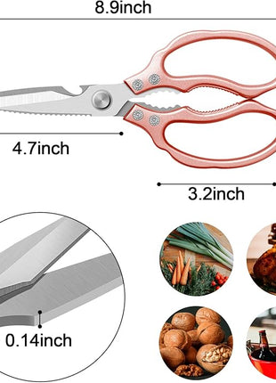 CGBE Kitchen Scissors, Multi-Purpose Kitchen Shears, Heavy Duty Dishwasher Safe Food Scissors for Chicken, Poultry, Fish, Meat & Herbs with Non-Slip Grips - Rosegold