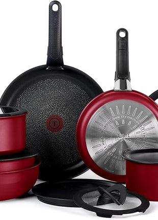 T-fal Ingenio Expertise Non Stick Cookware Set 14 Piece, Induction, Oven Broiler Safe 500F, Cookware, Pots and Pans Set, RV, Camping, Kitchen Frying Pans, Dishwasher Safe, Detachable Handle Cherry Red