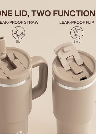 ENCOOL 32 oz Tumbler with Handle and Straw: Stainless Steel Insulated Tumbler Keeps Cold for 24 Hours, Leakproof Travel Cup Fits in Cup Holder and BPA-Free,Raw Umber