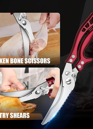 Poultry Shears, Red Heavy Duty Kitchen Shears with Serrated Edge, No Rust Spring Loaded, Multipurpose Stainless Steel Kitchen Scissors for Chicken Meat, Turkey, Fish, Christmas Gifts for Men Women