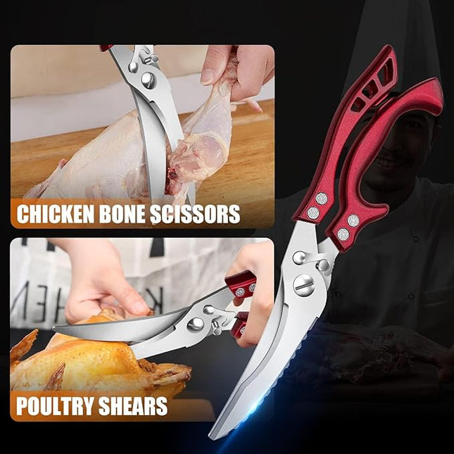 Poultry Shears, Red Heavy Duty Kitchen Shears with Serrated Edge, No Rust Spring Loaded, Multipurpose Stainless Steel Kitchen Scissors for Chicken Meat, Turkey, Fish, Christmas Gifts for Men Women