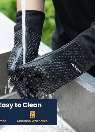 GEEKHOM BBQ Gloves X-Large, Heat Resistant Kitchen Silicone Oven Mitts, Waterproof Oven Gloves, BBQ Grill Accessories for Baking, Fryer, Smoker, Weber, Pizza, Microwave, Non-Slip, Black