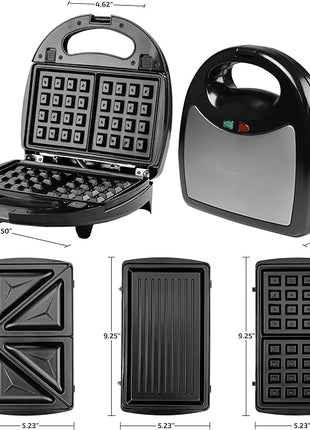 OVENTE 3 in 1 Electric Sandwich Maker, Panini Press Grill and Waffle Iron Set with Removable Non-Stick Plates, Perfect for Cooking Grilled Cheese, Tuna Melts, Burgers, Steaks and Snacks, Black GPI302B