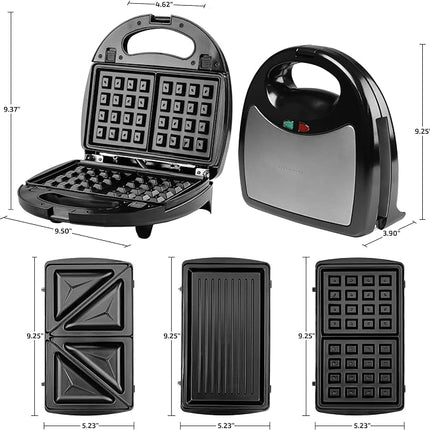 OVENTE 3 in 1 Electric Sandwich Maker, Panini Press Grill and Waffle Iron Set with Removable Non-Stick Plates, Perfect for Cooking Grilled Cheese, Tuna Melts, Burgers, Steaks and Snacks, Black GPI302B