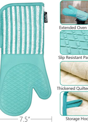 Silicone Oven Mitts Heat Resistant 932℉ with Waterproof & Non-Slip Kitchen Mittens, Set of 2 Extra Long Oven Gloves with Soft Cotton Terry Lining for Baking Cooking Barbecue