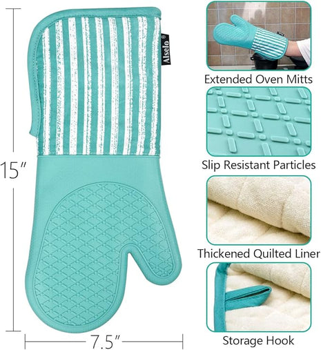 Silicone Oven Mitts Heat Resistant 932℉ with Waterproof & Non-Slip Kitchen Mittens, Set of 2 Extra Long Oven Gloves with Soft Cotton Terry Lining for Baking Cooking Barbecue