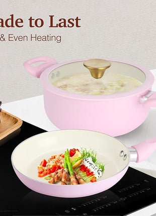 Pots and Pans Set Non Stick, Pink Ceramic Cookware Set, 11-Piece Induction Cookware, Non Toxic Healthy Kitchen Cooking Set, Gold Knobs Lids, Stay-Cool Handles