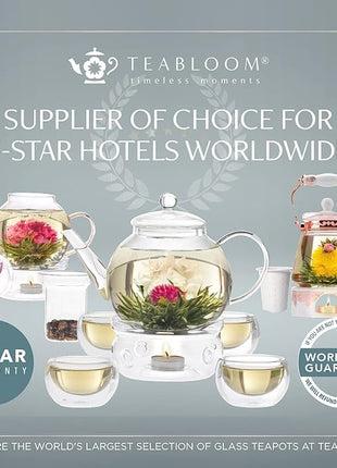 Teabloom Stovetop & Microwave Safe Glass Teapot with Removable Loose Tea Glass Infuser – Includes 2 Blooming Teas – 2-in-1 Tea Kettle and Tea Maker – Tea Purist's Choice