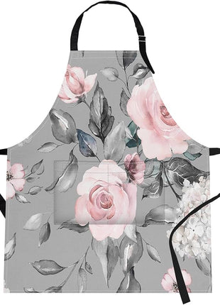 Britimes Spring Flowers Leaves Floral Apron Home Kitchen Cooking Baking Gardening for Women Men with Pockets 32x28 inch