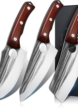 Kitchen Knife Set, Hand Forged Chef Knife Set with Full Tang Wood Handle, High Carbon Steel Butcher Knife Set for Meat Cutting Cleaver Knife Set for Vegetables Camping BBQ Ideal Gifts