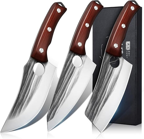 Kitchen Knife Set, Hand Forged Chef Knife Set with Full Tang Wood Handle, High Carbon Steel Butcher Knife Set for Meat Cutting Cleaver Knife Set for Vegetables Camping BBQ Ideal Gifts