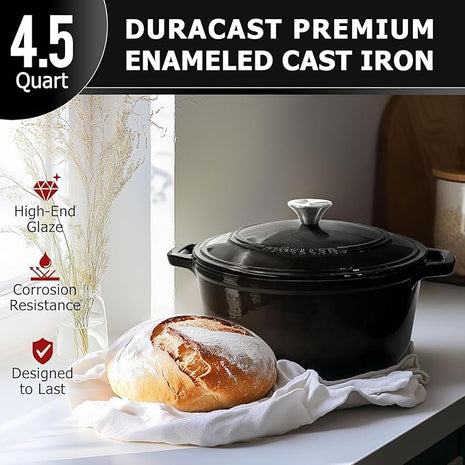 MUELLER HOME 4.5 QT Enameled Cast Iron Dutch Oven, Heavy-Duty Casserole Dish and Braiser Pan with Lid and Stainless Knob, Oven-Safe up to 500° F & Across All Cooktops, Black
