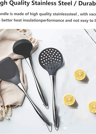 Silicone Stainless Steel Kitchen Utensils Set, 3-Pieces Flexible Silicone Head Cooking Utensil with Wok Spatula, Ladle, Slotted Spoon (Grey)